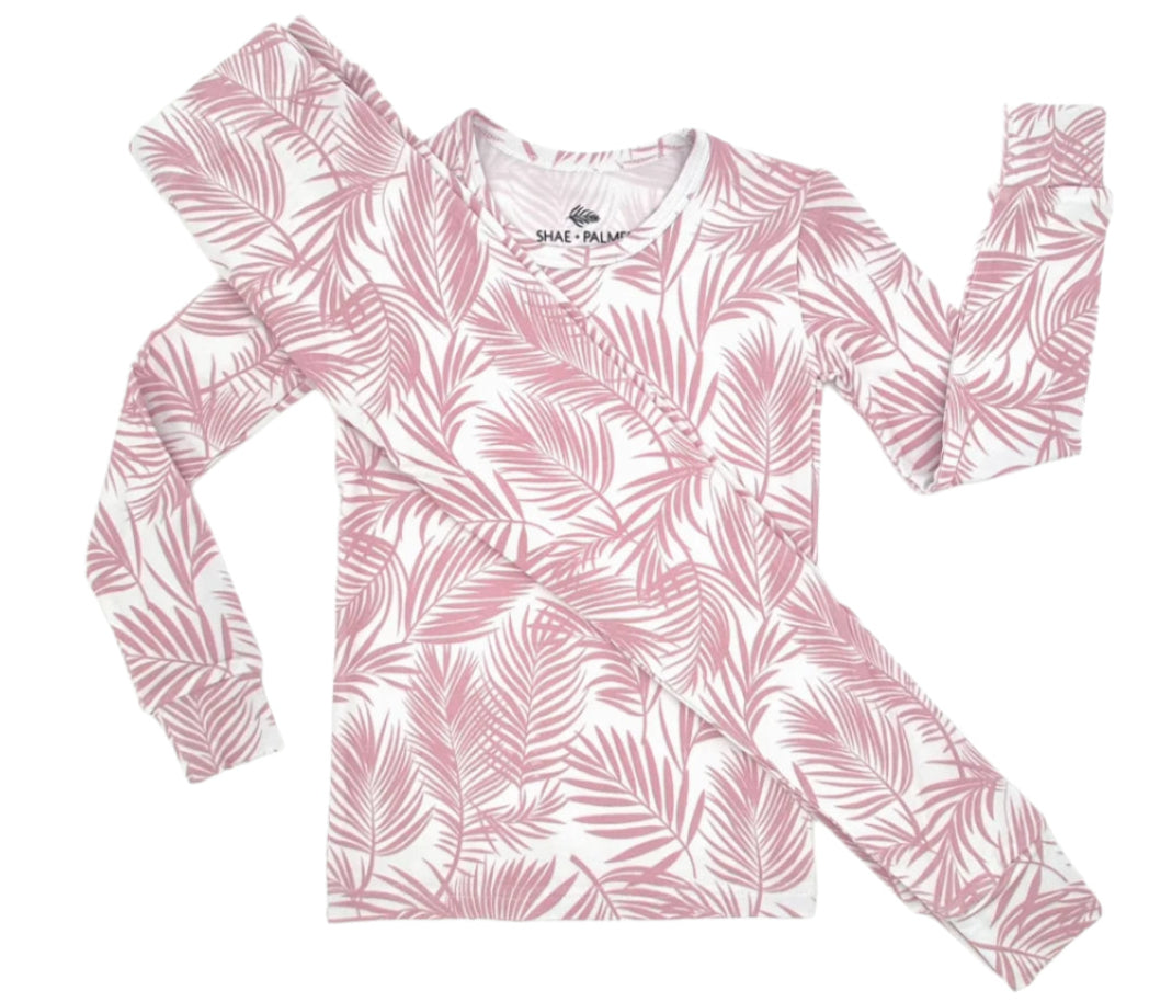 Shae & Palmer Cali Coastal Collection — bamboo toddler pajamas in Pink palm leaf print. Ultra-soft, breathable two-piece sleepwear for baby and toddler girls, inspired by laid-back California beach vibes.