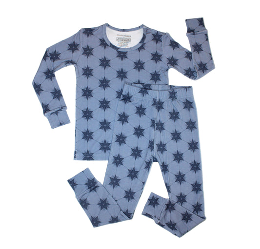 Shae & Palmer Starry Night toddler bamboo pajamas in Polar Blue — cozy Hanukkah sleepwear for winter nights, perfect for family photos and holiday gifting.