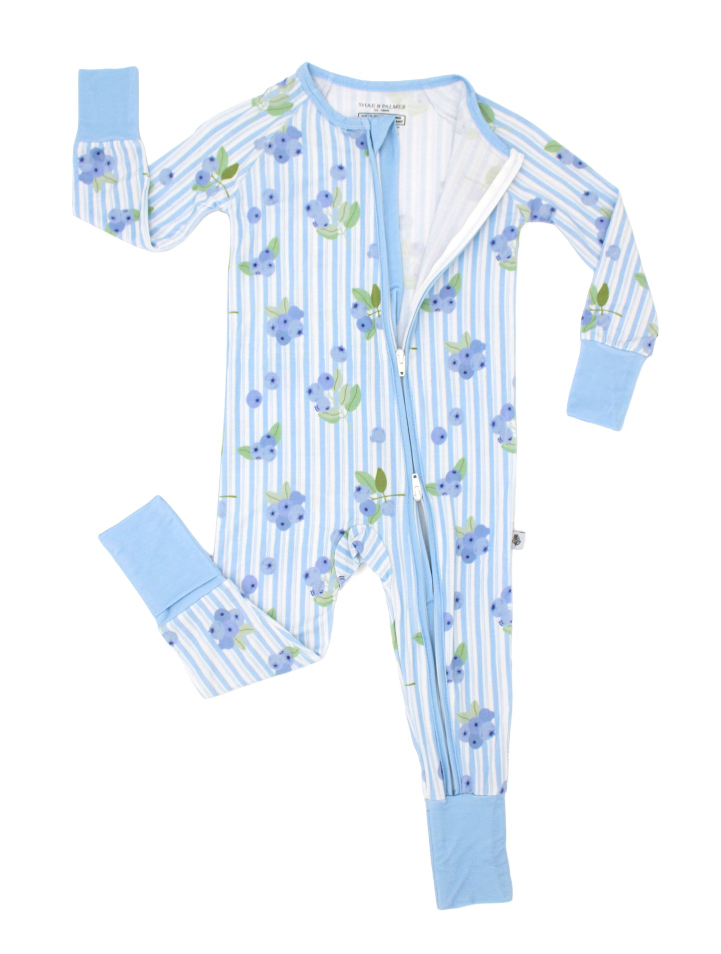 Blueberry Lane baby romper in soft bamboo fabric, close-up of two-way zipper for easy diaper changes, blueberry print sleepwear for infants
