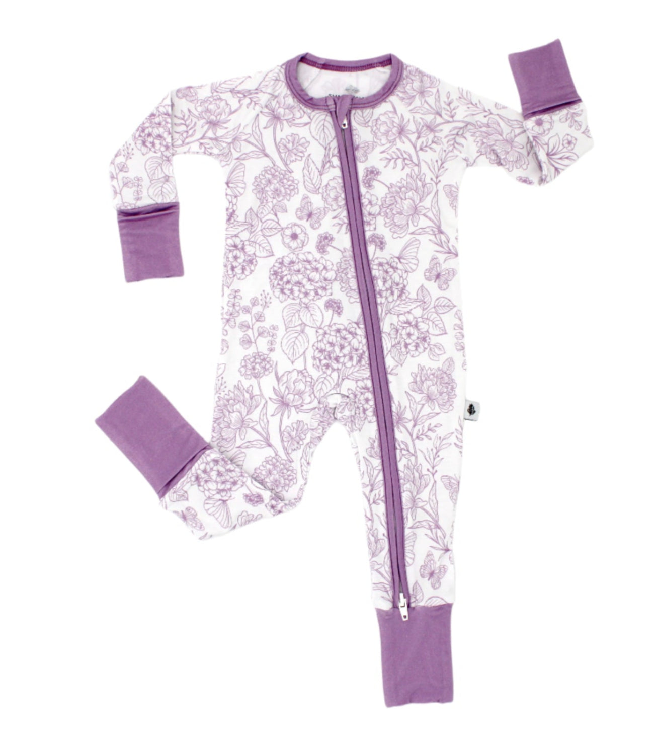 Shae & Palmer Botanical Collection - bamboo baby zip romper in Amethyst purple floral print. Soft, breathable pajamas with double zipper for easy diaper changes, perfect for stylish baby girls.