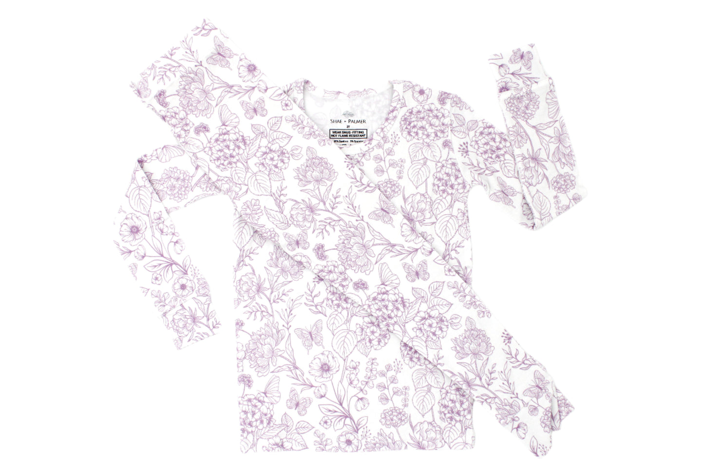 Shae & Palmer Botanical Amethyst bamboo kids romper with a practical double zipper, featuring eco-friendly sustainable bamboo fabric, a delicate floral print, and a luxury design perfect for babies and toddlers to sleep and play in comfort.
