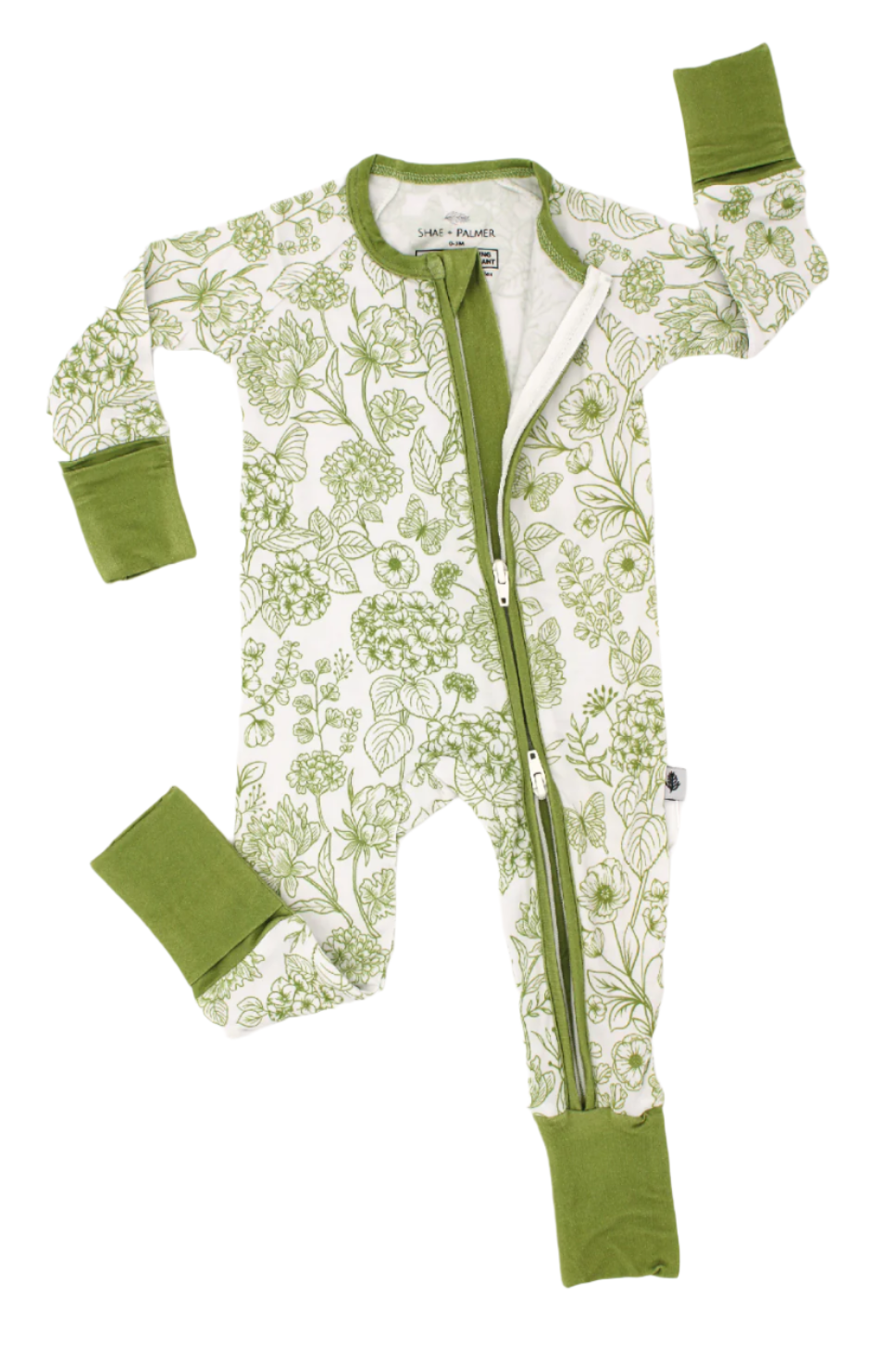 Shae & Palmer Botanical Collection - bamboo baby zip romper in Moss Green floral print. Soft, breathable zip-up pajamas with double zipper for easy diaper changes, perfect for cozy, stylish baby sleepwear.
