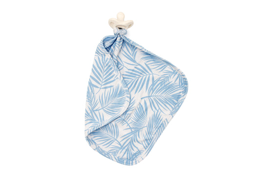 Cali Coastal Baby Blue bamboo lovey with modern palm leaf design, soft baby security blanket and pacifier holder by Shae & Palmer