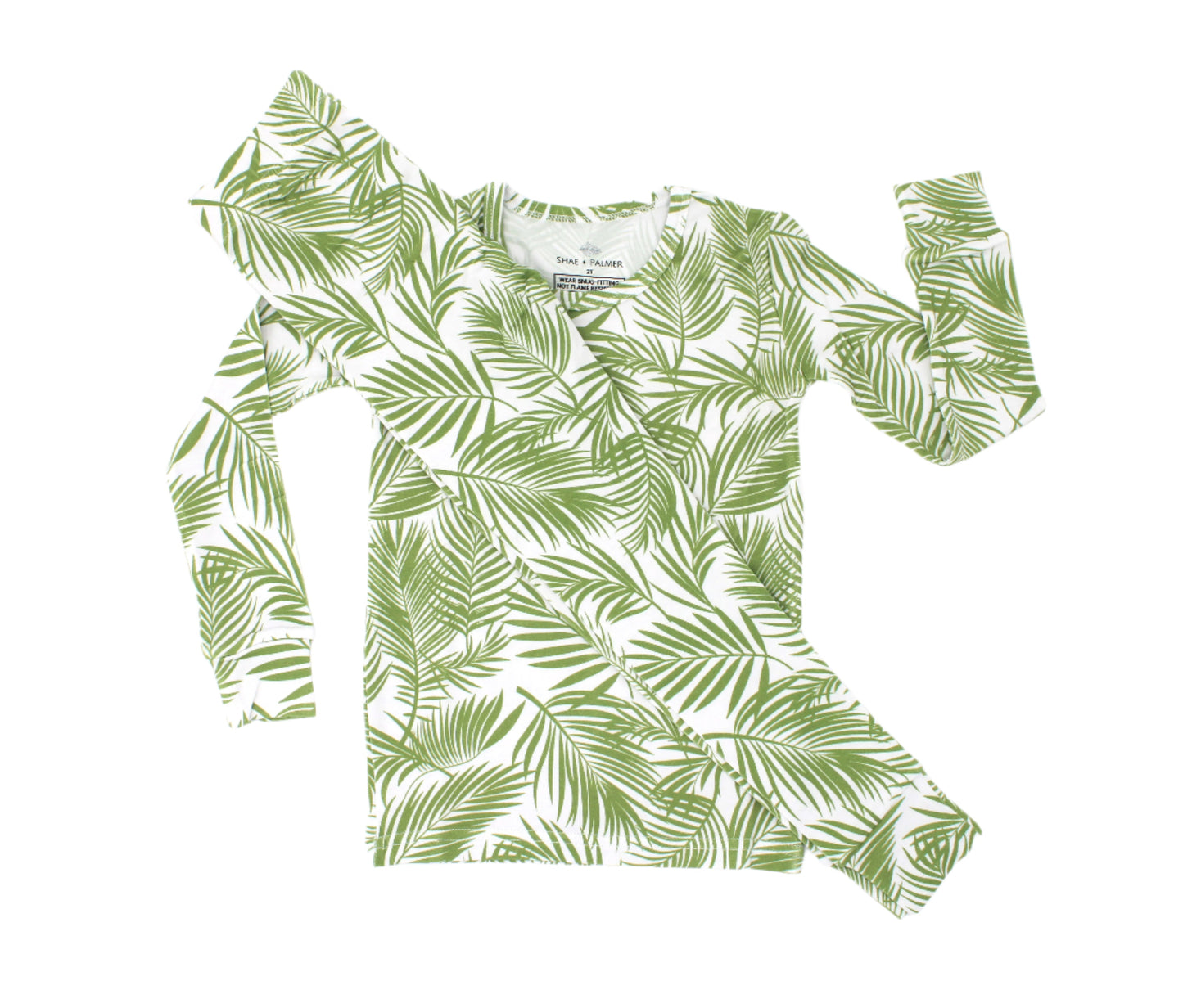 Shae & Palmer Cali Coastal Collection — bamboo toddler pajamas in Green palm leaf print. Soft, breathable two-piece pajama set for baby and toddler boys or girls, perfect for warm-weather sleep and play.