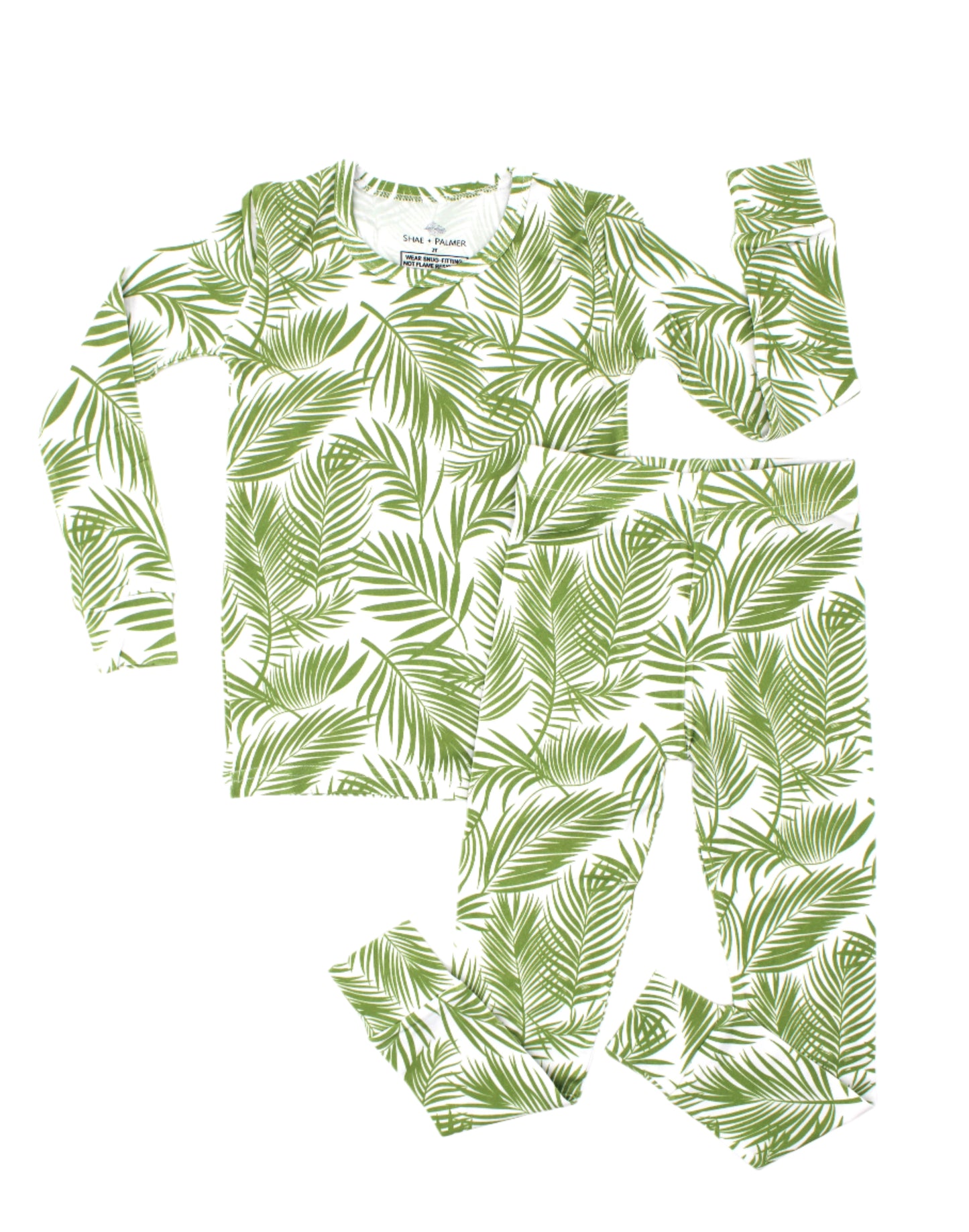 Shae & Palmer Cali Coastal Collection — bamboo toddler pajamas in Green palm leaf print. Soft, breathable two-piece pajama set for baby and toddler boys or girls, perfect for warm-weather sleep and play