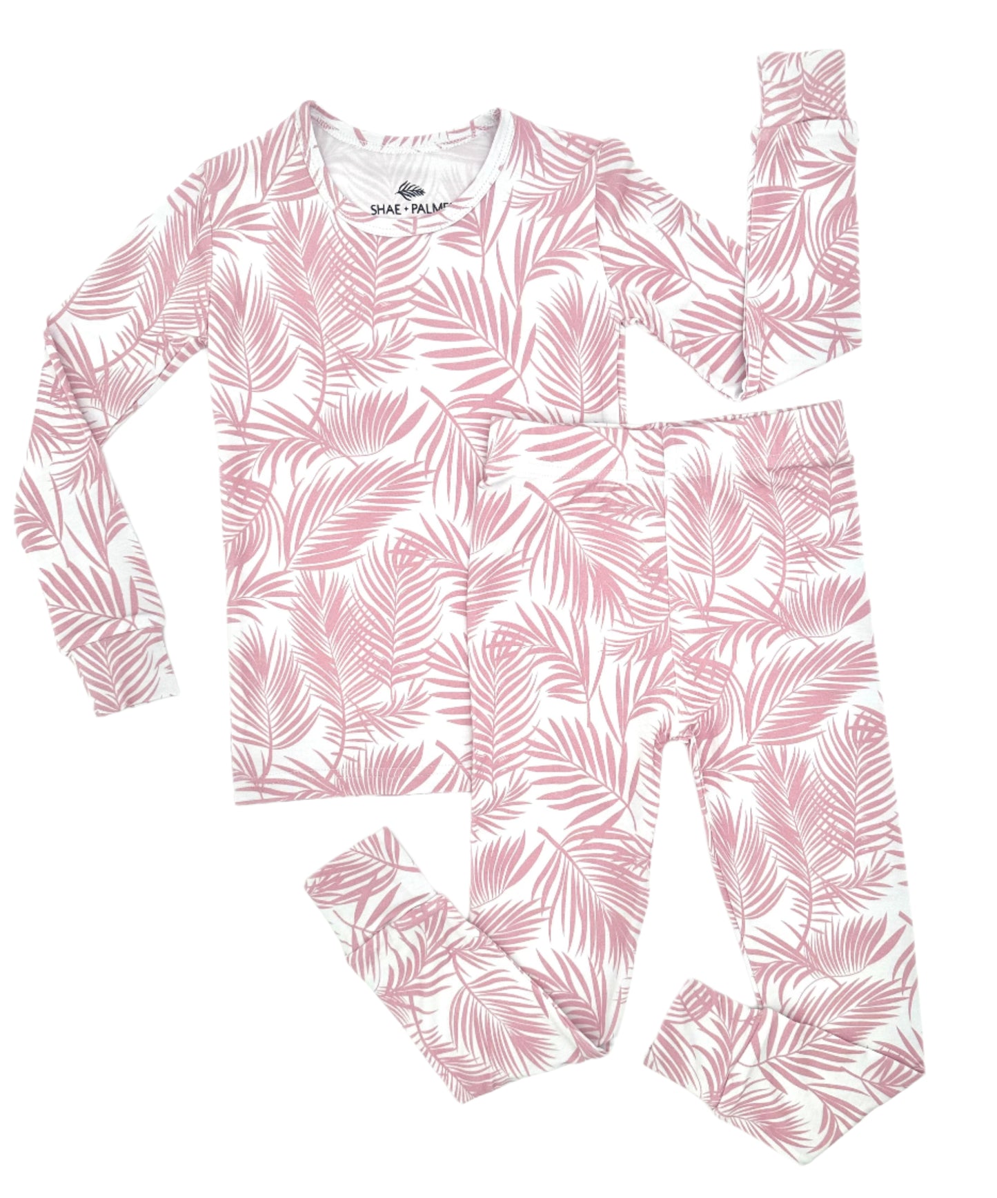Shae & Palmer Cali Coastal Collection — bamboo toddler pajamas in Pink palm leaf print. Ultra-soft, breathable two-piece sleepwear for baby and toddler and kids girls, inspired by laid-back California beach vibes.