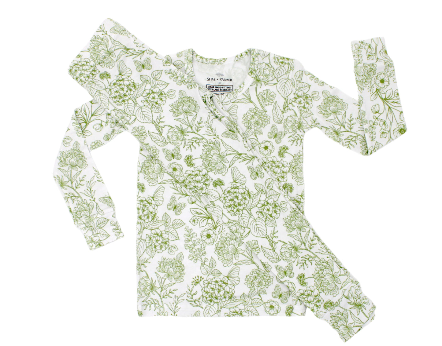 Sustainable bamboo kids pajamas in Botanical Moss Green from Shae & Palmer, a two-piece set with a sophisticated floral motif and buttery-soft fabric that’s gentle on sensitive skin.