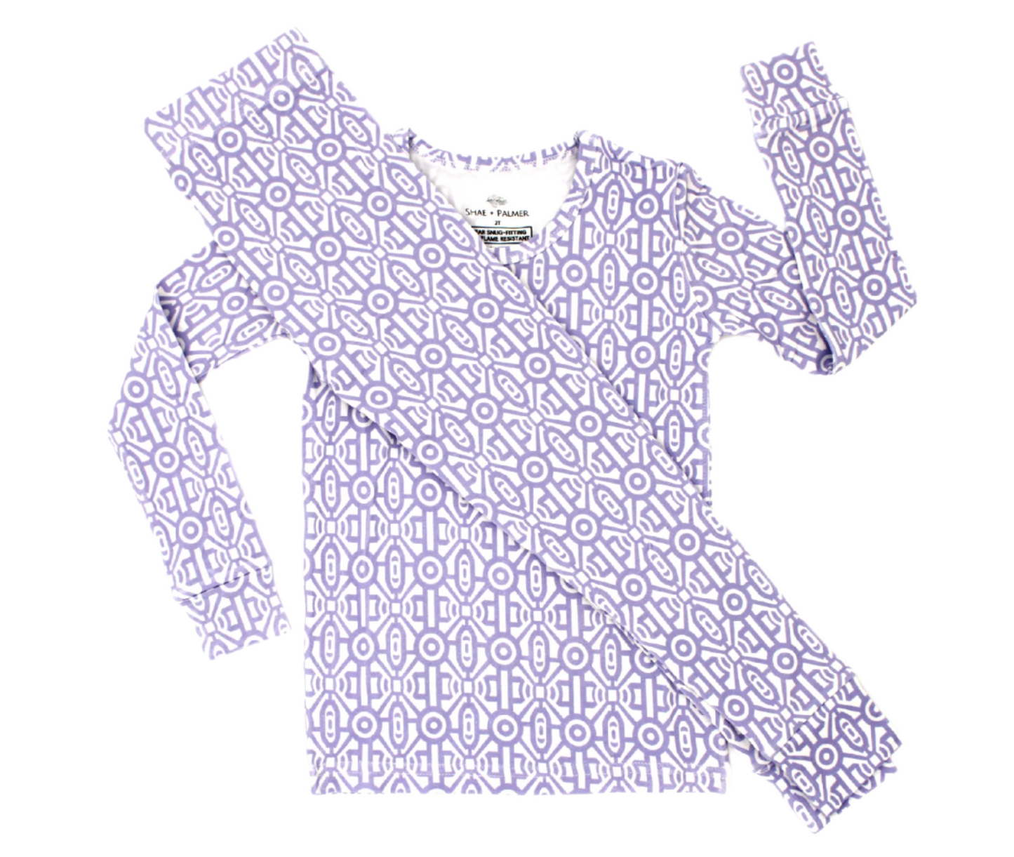 Shae & Palmer Gemstone Collection — bamboo toddler pajamas in lavender geometric print. Soft, breathable two-piece sleepwear set for baby and toddler girls, designed for comfort and style.