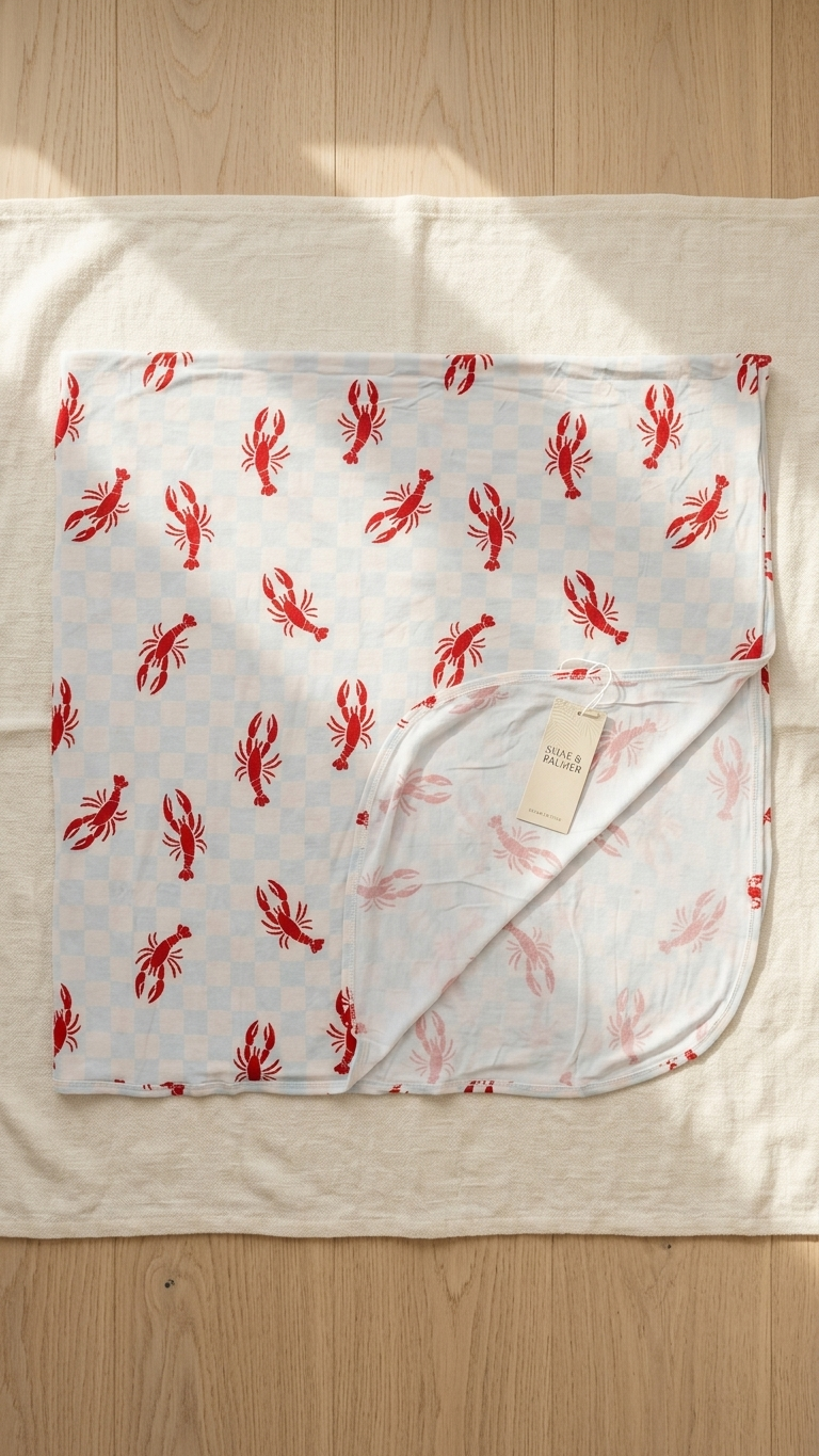 Newborn wrapped in Lobster Splash bamboo blanket featuring soft coastal lobster print for cozy swaddle