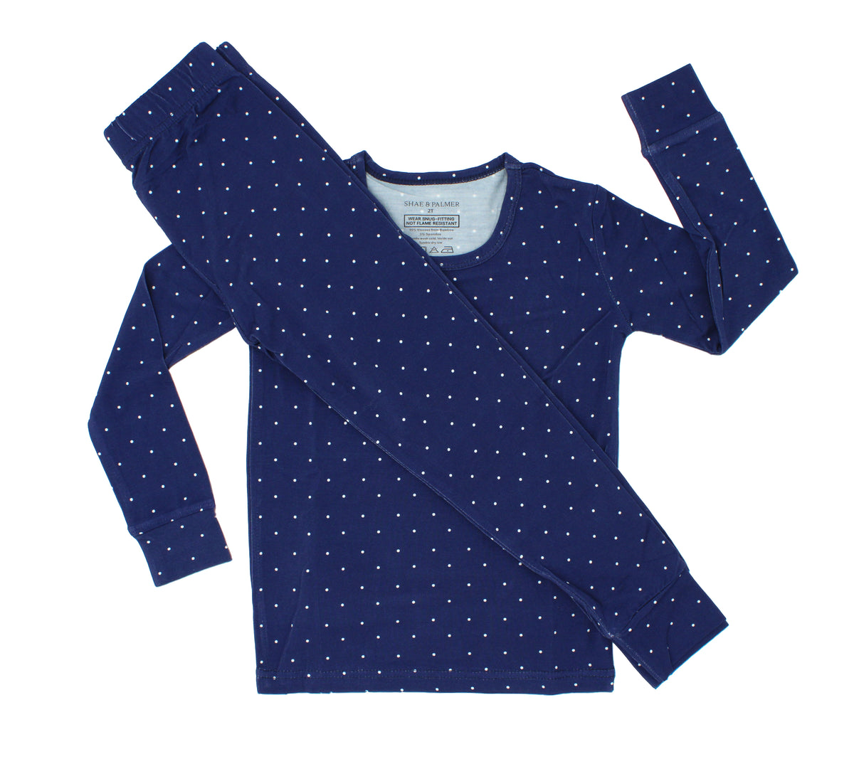 Midnight Dot Collection bamboo toddler pajamas by Shae & Palmer featuring a classic navy dot print on buttery-soft, breathable bamboo fabric. Festive Christmas and Hanukkah toddler pajamas, perfect for matching family holiday pajama sets, coordinating sibling sleepwear, holiday family photos, Christmas morning, and cozy winter nights.