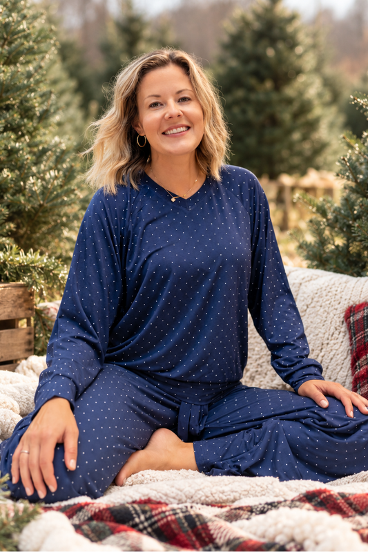 Midnight Dot women’s bamboo pajamas for Hanukkah and Christmas, soft holiday family matching PJs