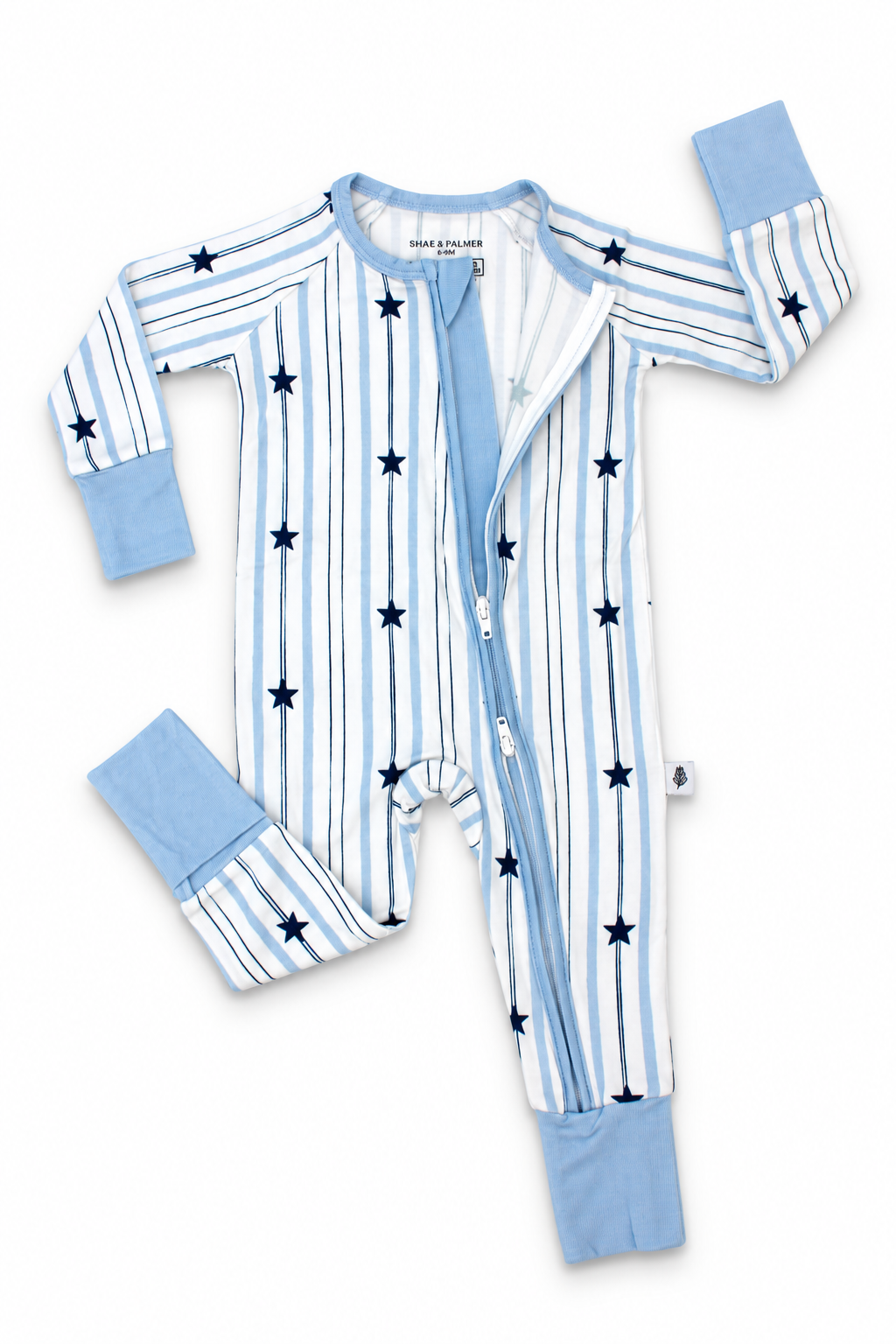 North Star bamboo baby romper zipper detail featuring soft blue stripes, navy stars and convenient double zipper