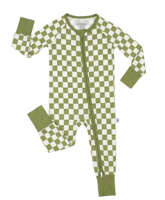 Orchard Checkered baby bamboo pajamas in an olive green and ivory checkered print, shown in a flat lay.