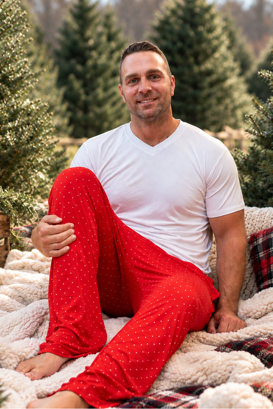 Men's Ruby Dot red bamboo Christmas pajamas with white dots for matching family holiday sleepwear
