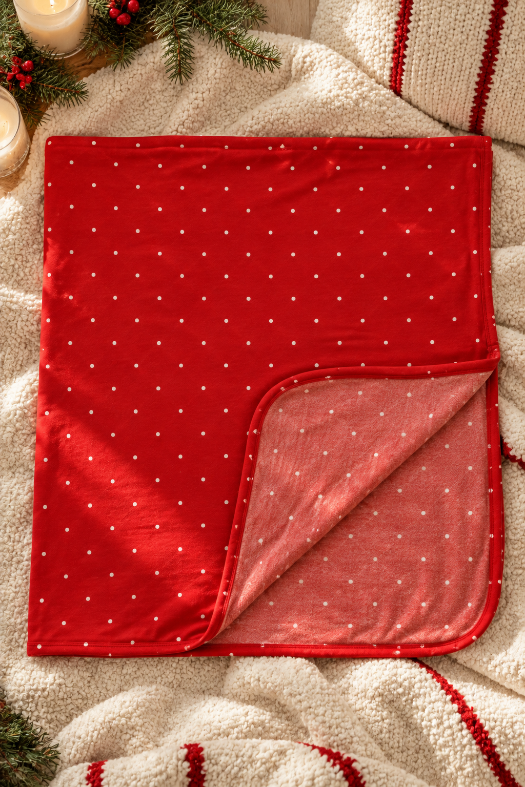Shae & Palmer Ruby Dot red bamboo baby blanket with white polka dots styled in a cozy holiday flat lay with winter greenery and cream knits.
