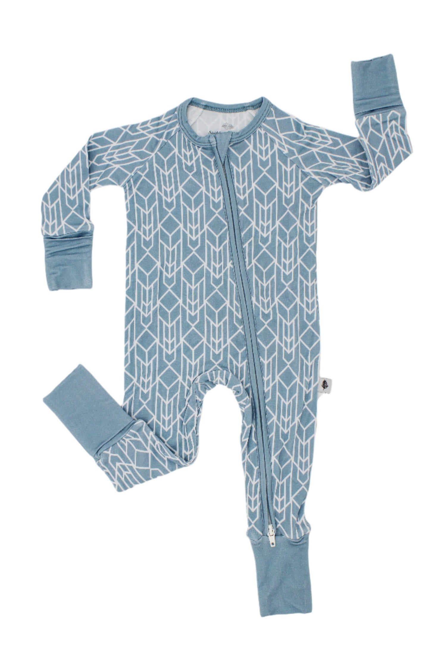 Shae & Palmer Runway Collection — bamboo baby zip romper in modern stone blue geometric print. Soft, breathable zip-up pajamas with double zipper for easy diaper changes, perfect for stylish baby boys or girls