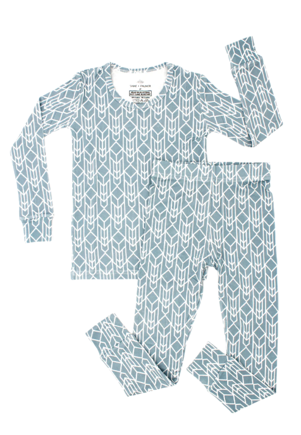 Shae & Palmer Runway Collection — bamboo toddler pajamas in modern Stone Blue geometric print. Ultra-soft, breathable two-piece sleepwear set for baby and toddler boys or girls, perfect for stylish comfort from bedtime to playtime.