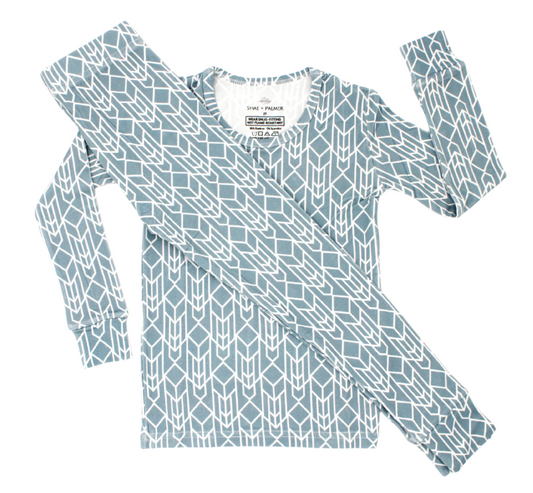 Shae & Palmer Runway Collection -bamboo toddler pajamas in modern Stone Blue geometric print. Ultra-soft, breathable two-piece sleepwear set for baby and toddler boys or girls, perfect for stylish comfort from bedtime to playtime.