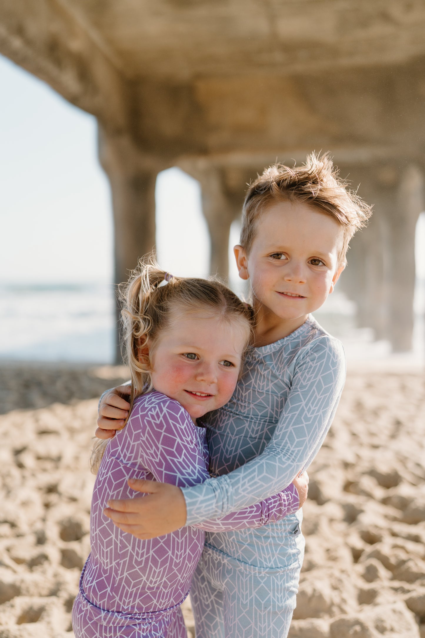 Bamboo toddler pajamas in modern stone blue and purple geometric print — Shae & Palmer Runway Collection, ultra-soft and stylish sleepwear for baby and toddler boys or girls