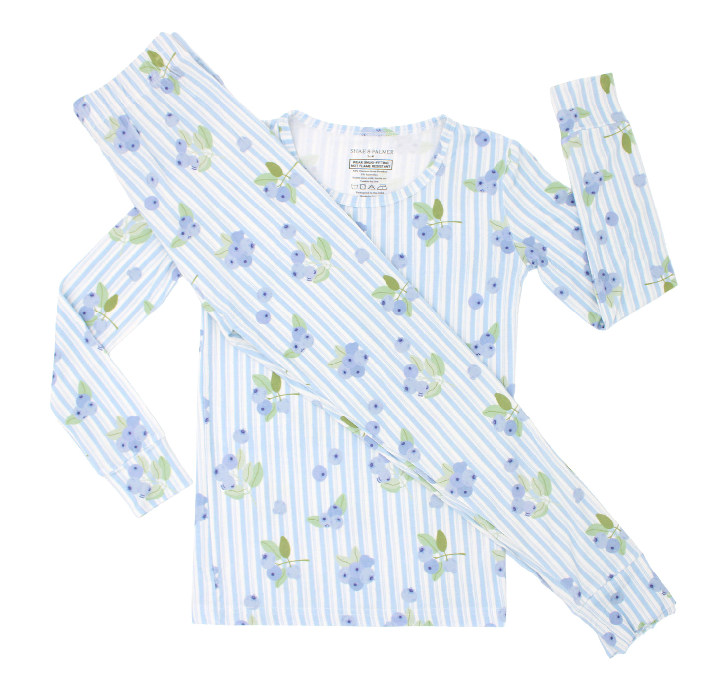 Shae & Palmer Blueberry Lane pajama set for toddlers — soft blue and white stripe bamboo fabric with a hand-painted blueberry print, long-sleeve top and pants laid flat