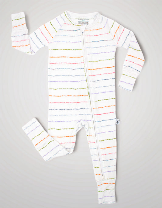 Confetti Stripe bamboo baby zipper romper from Shae & Palmer styled in a flat lay