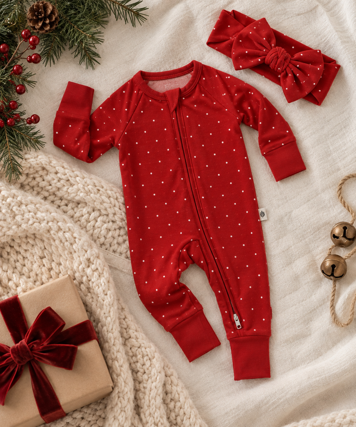 Shae & Palmer Ruby Dot red bamboo baby romper with white polka dots, double zipper, solid red cuffs, and matching bow headband, styled with cream knit blankets and festive Christmas decorations.