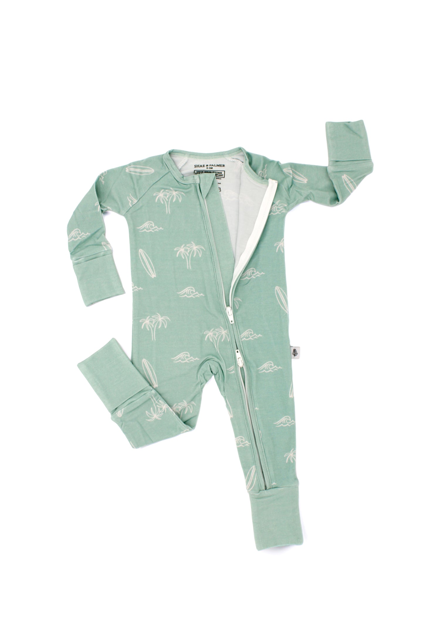 Coastal Surfside Dream bamboo baby romper by Shae & Palmer with a relaxed ocean-inspired print and double zipper design for easy changes.