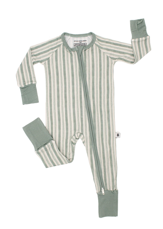 Shae & Palmer Studio Stripe Green baby romper made from sustainable bamboo fabric, featuring bold stripe details, a double zipper for easy changes, and buttery-soft comfort.