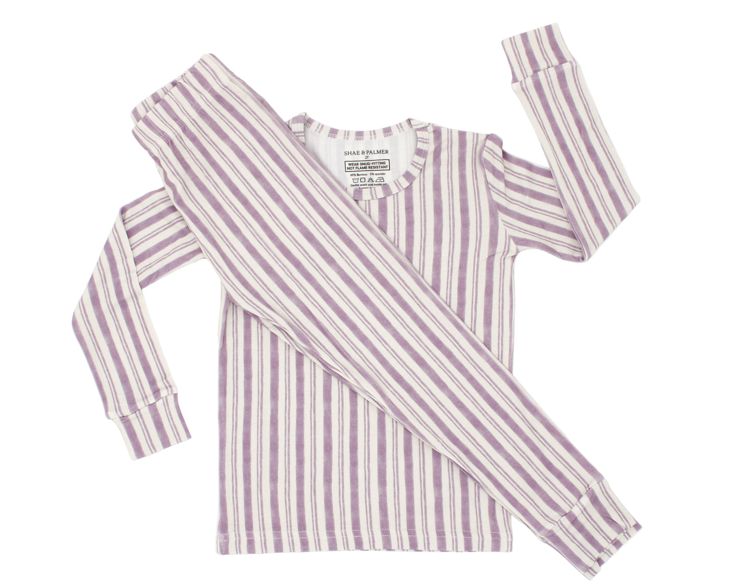 Shae & Palmer Studio Stripe Collection, bamboo toddler pajamas in Purple Haze. Ultra-soft, breathable two-piece pajama set for baby and toddler, perfect for cozy sleep and all-day play.