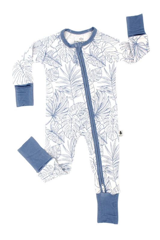 Shae & Palmer Tropical Bliss Collection - bamboo baby zip romper in Ocean Blue tropical floral print. Ultra-soft, breathable sleepwear with double zipper for easy diaper changes, perfect for summer-ready baby boys or girls.