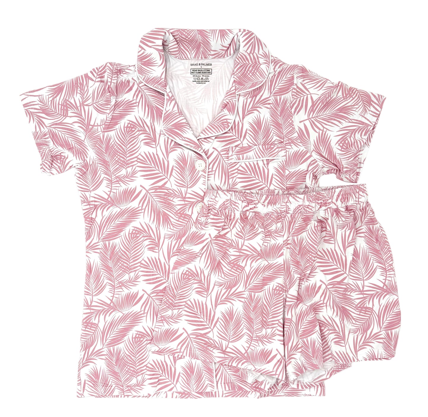 Women’s Cali Coastal bamboo pajama set by Shae & Palmer with palm leaf print, short sleeve button-up top and shorts