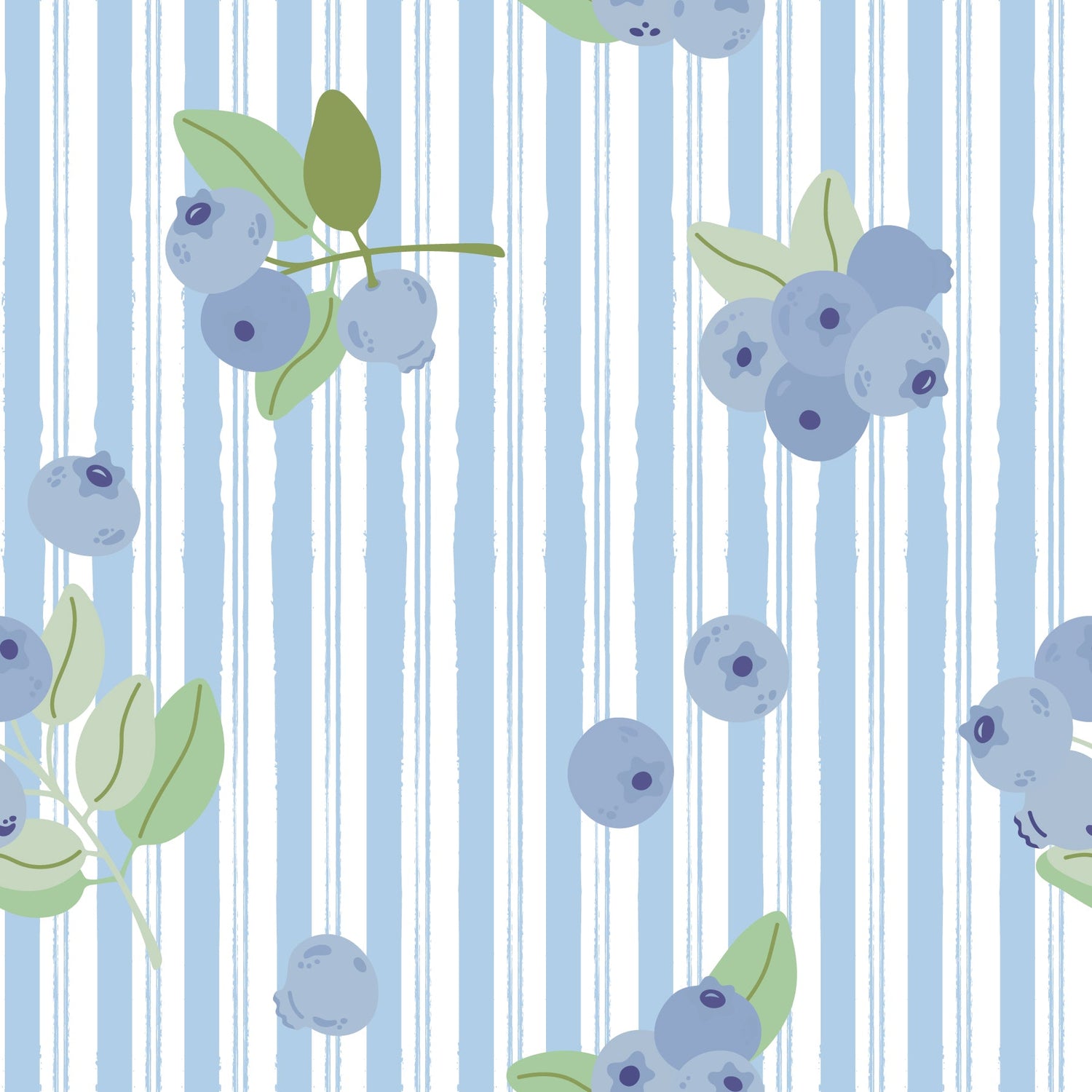 Blueberry Lane print bamboo pajama fabric with blue and white stripes and hand-painted blueberry clusters