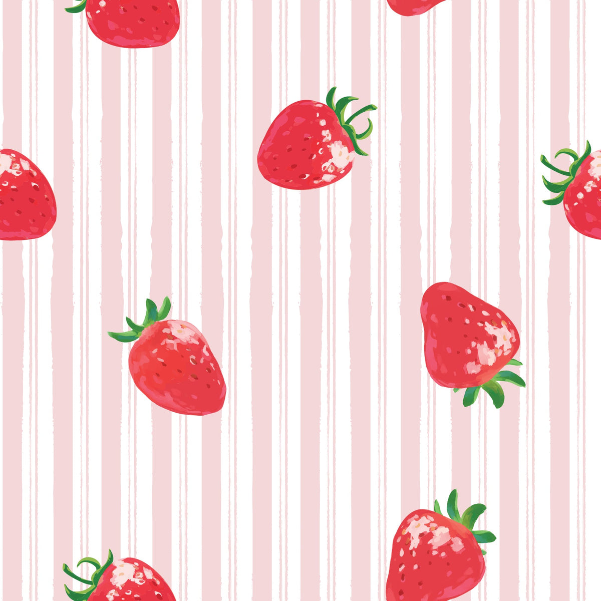 Strawberry Fields print bamboo pajama fabric with pink and white stripes and hand-painted strawberries