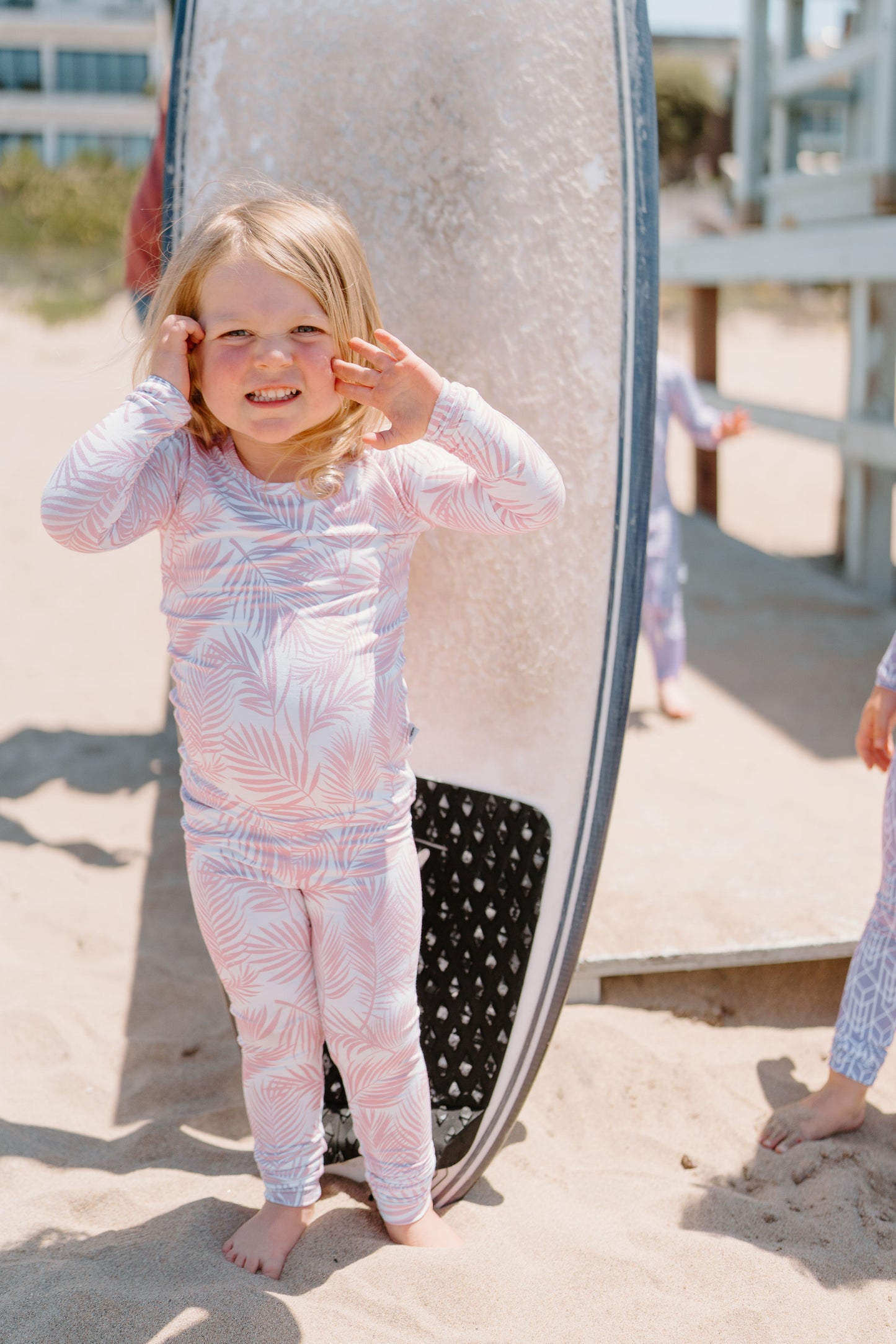 Shae & Palmer Cali Coastal Collection — bamboo toddler pajamas in Pink palm leaf print. Ultra-soft, breathable two-piece sleepwear for baby and toddler girls, inspired by laid-back California beach vibes.