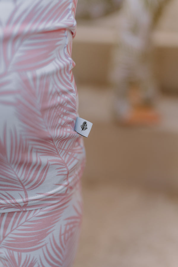 Shae & Palmer Cali Coastal Collection — bamboo toddler pajamas in Pink palm leaf print. Ultra-soft, breathable two-piece sleepwear for baby and toddler girls, inspired by laid-back California beach vibes.