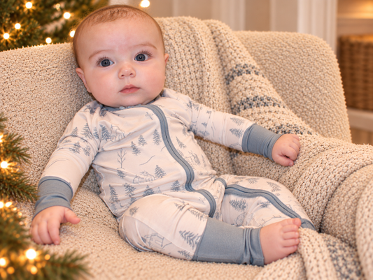 Cozy winter romper babies — made from breathable bamboo by Shae & Palmer, featuring the elegant Winterdream design for modern winter nurseries.