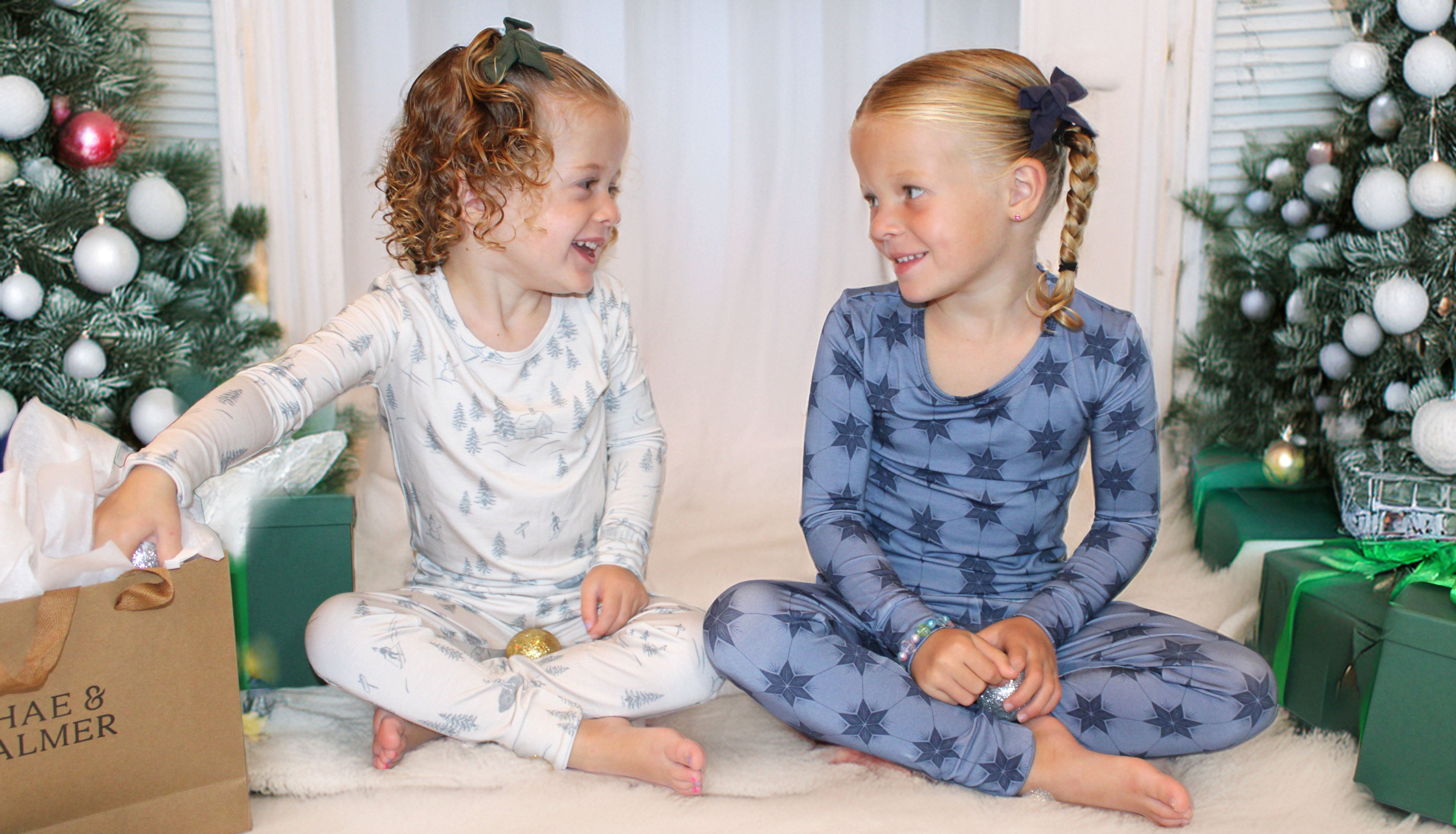 Luxury toddler and kids pajamas in Evergreen from Shae & Palmer’s Starry Night Collection — cozy, stretchy bamboo fabric made for soft winter dreams. Perfect for both Christmas and Hanukkah