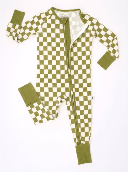 Orchard Checkered baby bamboo zipper pajamas shown in a flat lay, featuring an olive green and ivory checkered print and full-length zipper.