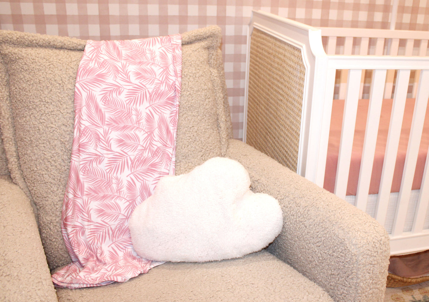 Pink palm baby blanket from the Cali Coastal Collection by Shae & Palmer — luxury bamboo fabric inspired by California’s relaxed coastal style.