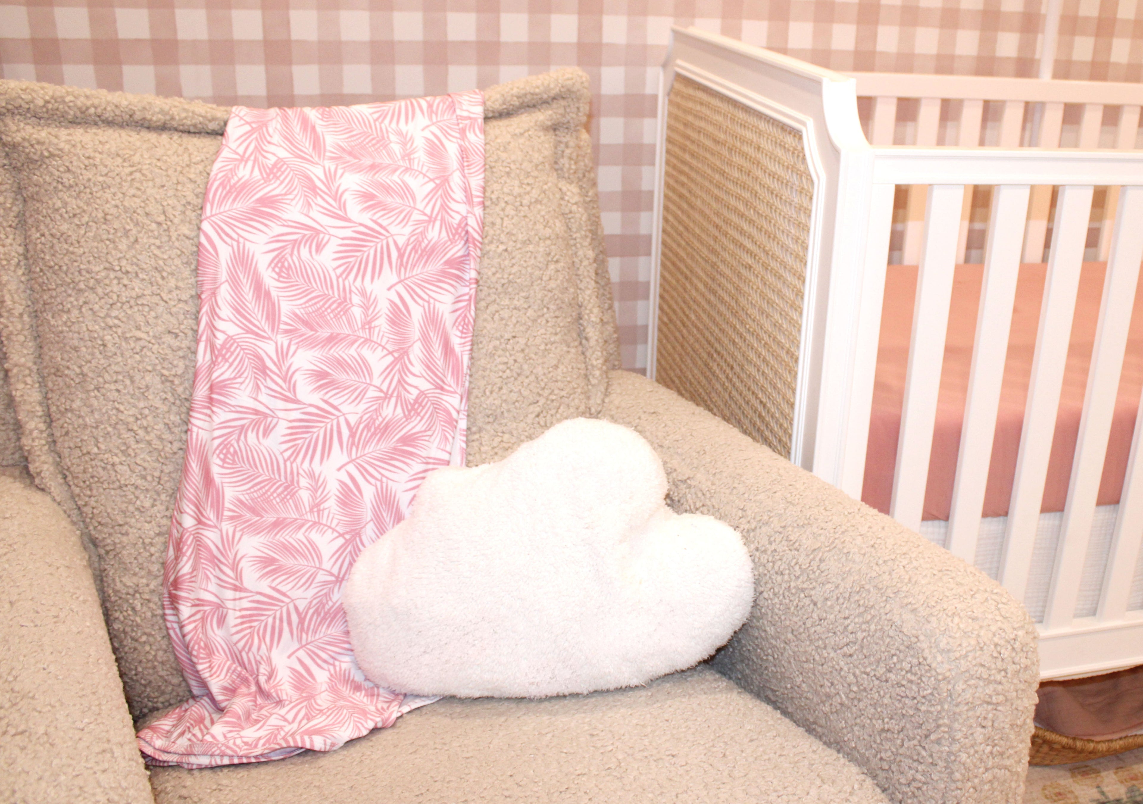 Pink palm baby blanket from the Cali Coastal Collection by Shae & Palmer — luxury bamboo fabric inspired by California’s relaxed coastal style.