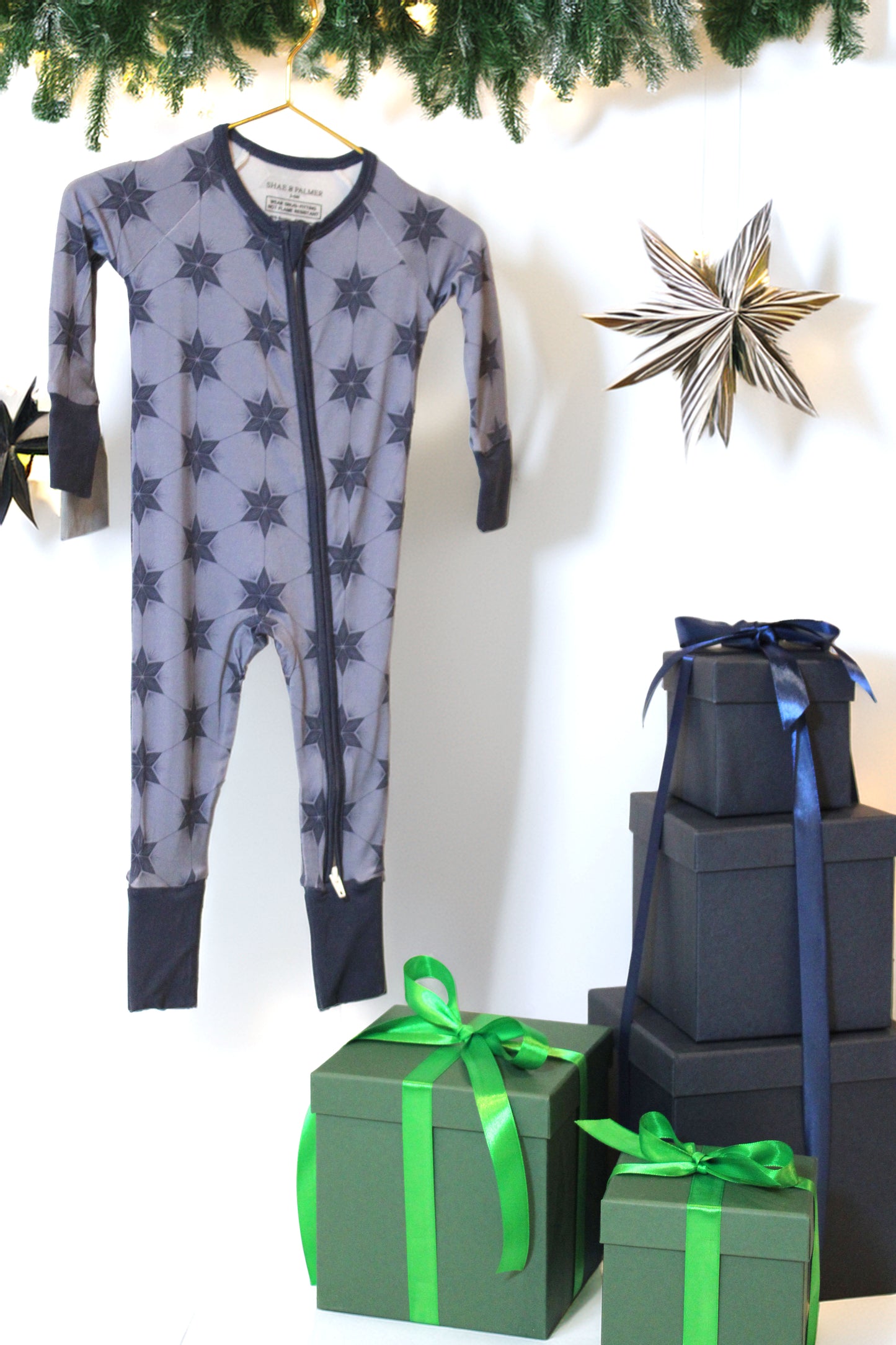 Polar Blue bamboo baby pajamas from the Shae & Palmer Starry Night Collection — breathable, sustainable, and ideal for holiday photos or gifting.  perfect for Hanukkah and Christmas