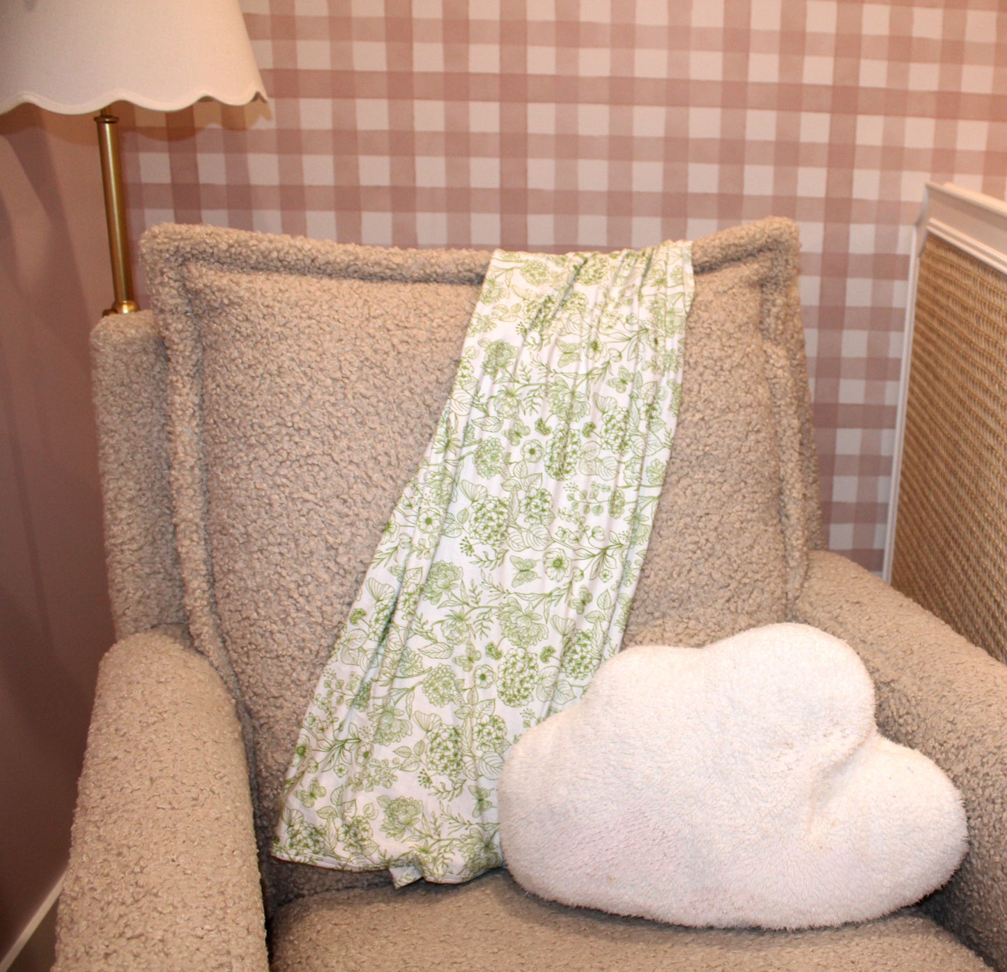 Luxury bamboo baby blanket in Moss Green botanical print by Shae & Palmer — elegant, eco-friendly, and ideal for modern nurseries.