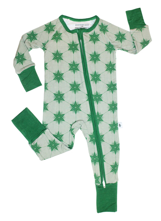 Shae & Palmer Starry Night baby pajamas in Evergreen — ultra-soft bamboo sleepwear made for cozy holiday nights and winter snuggles.