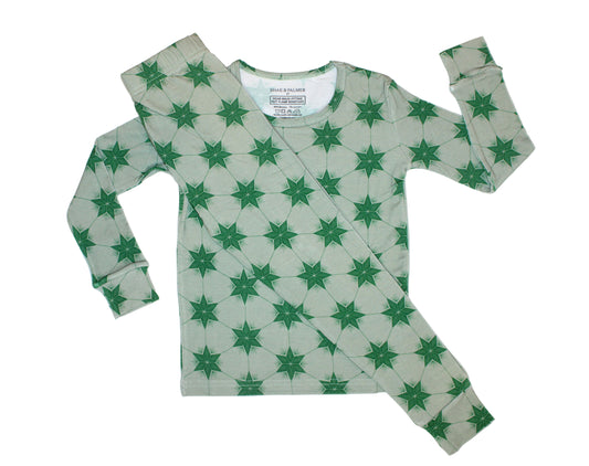 Shae & Palmer Starry Night toddler and kids pajamas in Evergreen — soft bamboo holiday sleepwear featuring a subtle starry pattern for cozy winter nights