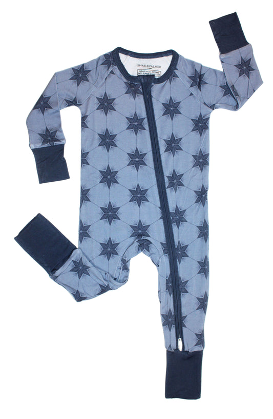 Shae & Palmer Starry Night baby pajamas in Polar Blue — soft bamboo sleepwear perfect for winter nights, Hanukkah cuddles, and cozy Christmas mornings.