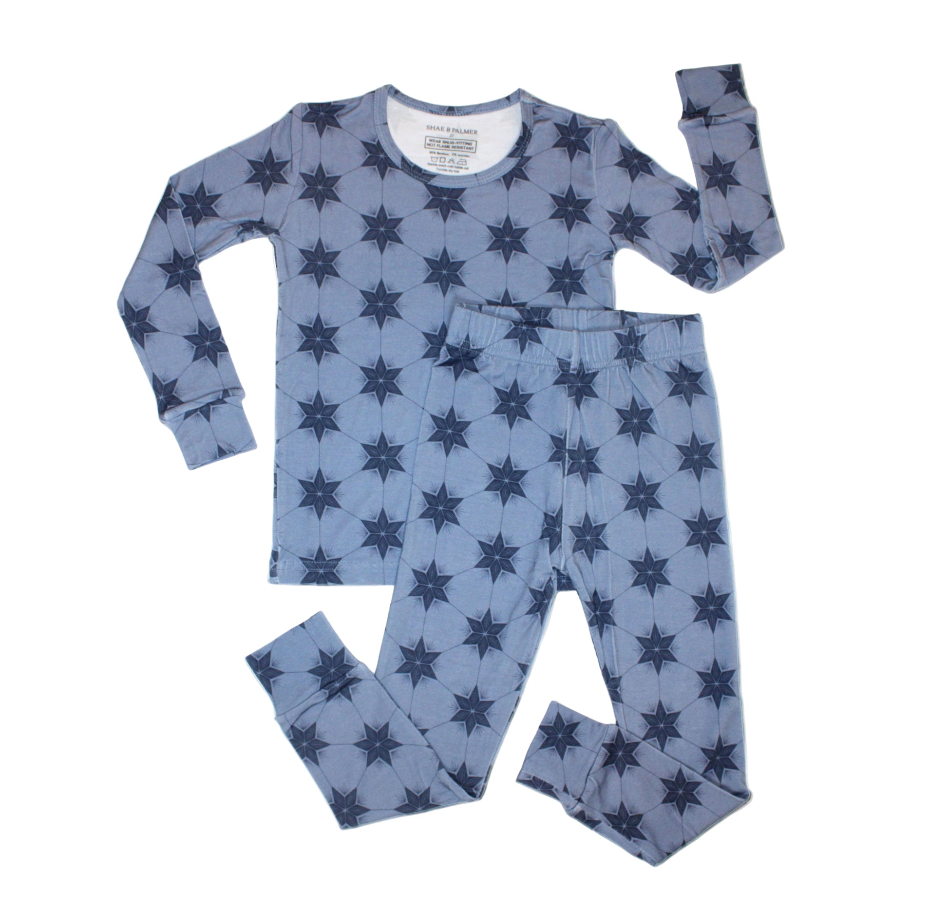 Shae & Palmer Starry Night toddler bamboo pajamas in Polar Blue — cozy Hanukkah sleepwear for winter nights, perfect for family photos and holiday gifting.