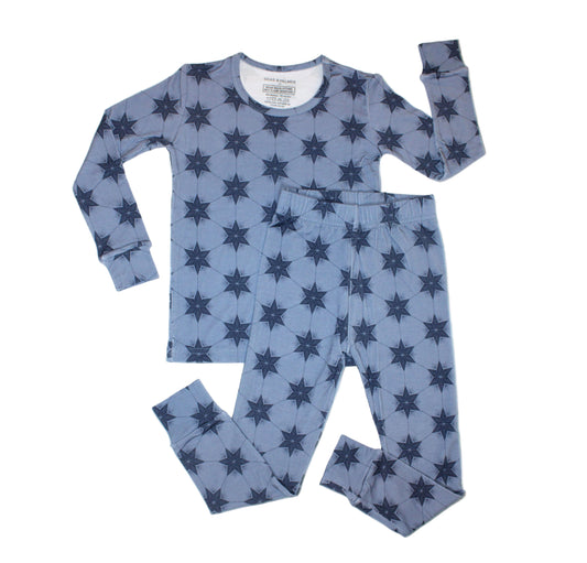 Shae & Palmer Starry Night toddler bamboo pajamas in Polar Blue — cozy Hanukkah sleepwear for winter nights, perfect for family photos and holiday gifting.