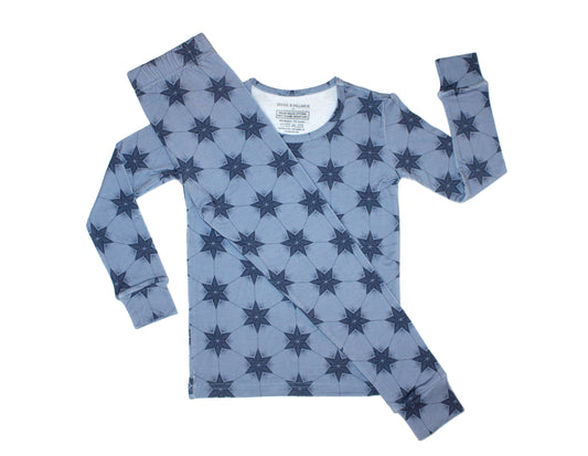 Toddler winter pajamas by Shae & Palmer — Starry Night Polar Blue bamboo set perfect for Hanukkah, cozy nights, and matching family holiday photos.