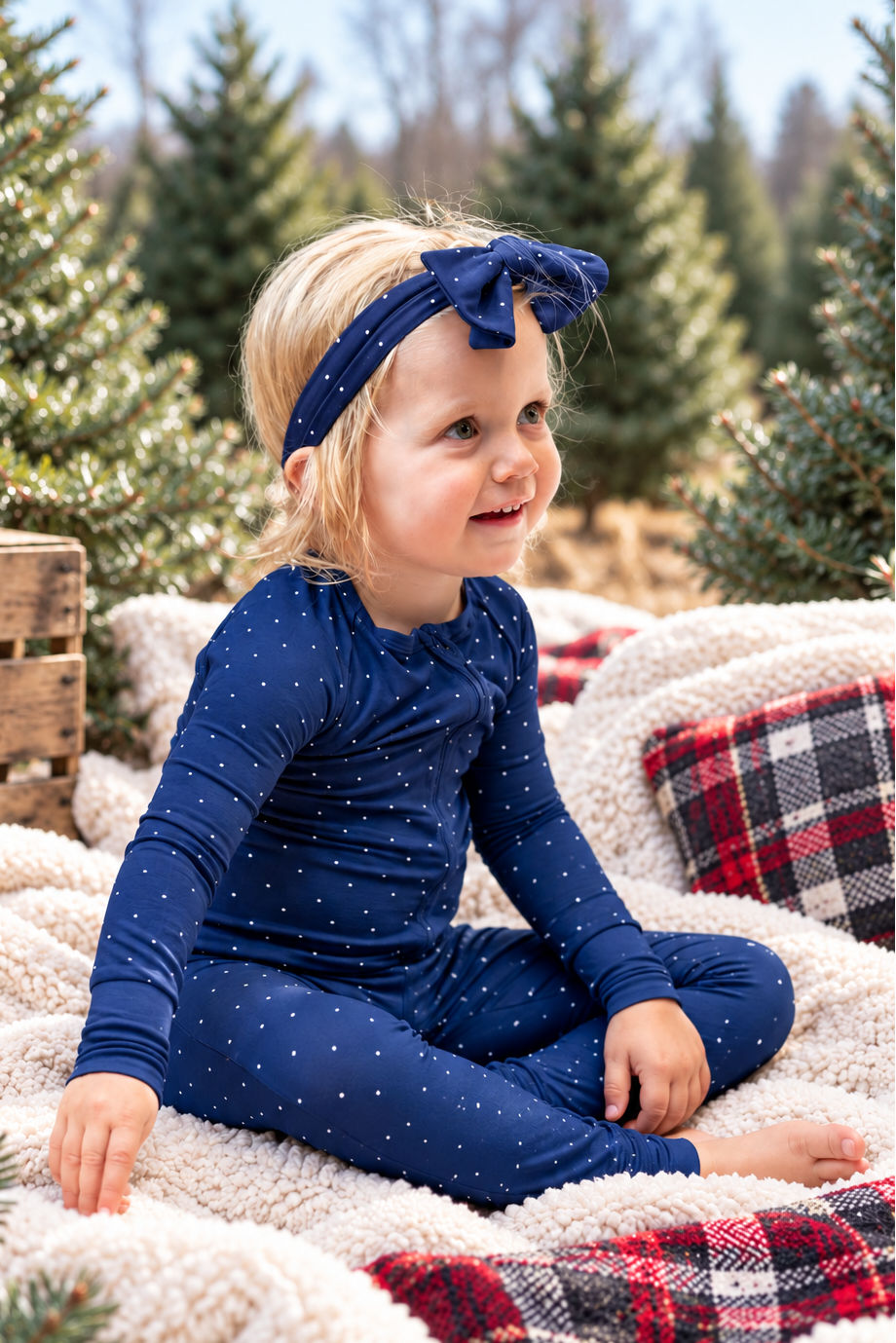 Baby wearing Midnight Dot navy bamboo pajamas with a delicate white polka dot print, cozy holiday sleepwear for Hanukkah and Christmas