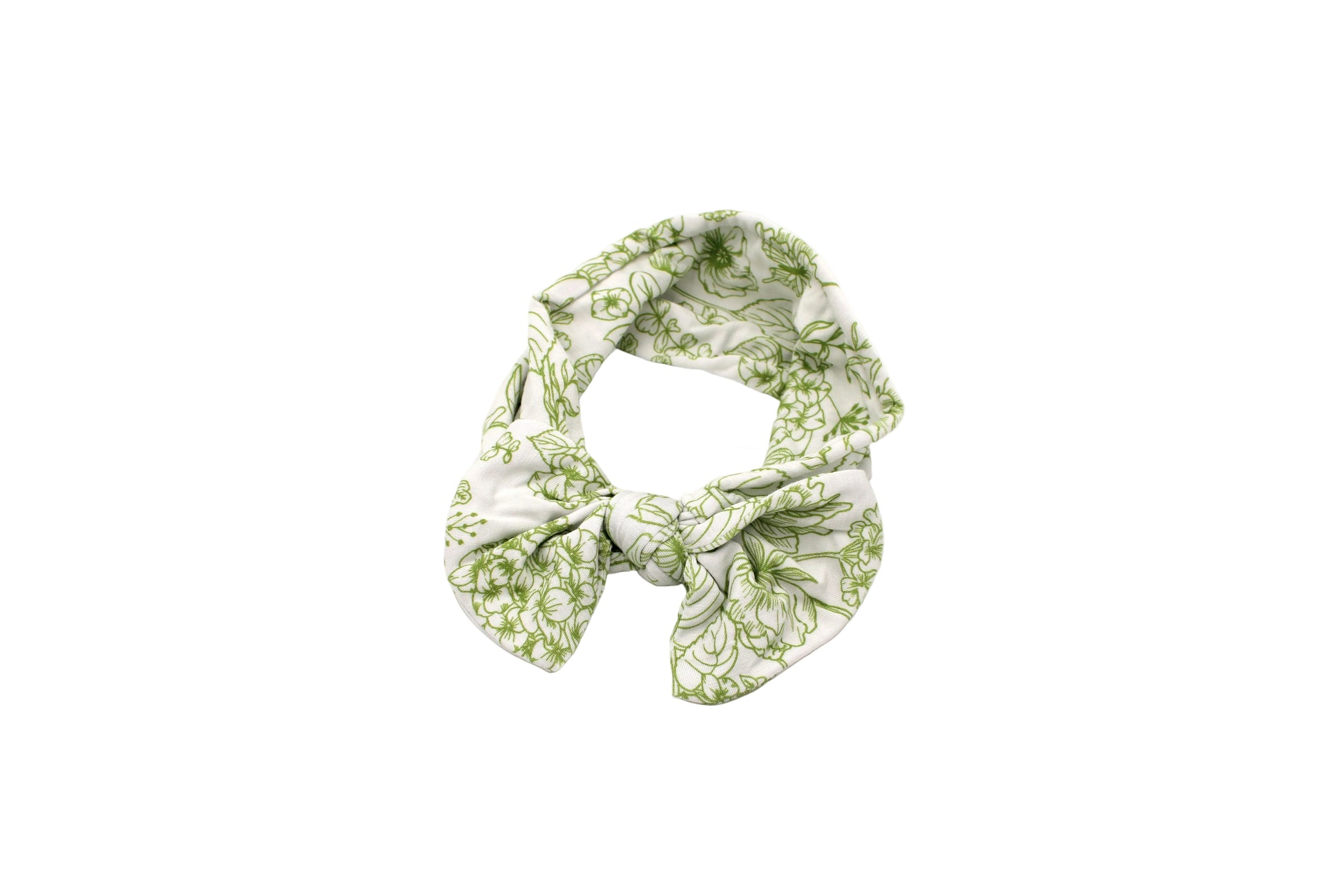 baby wearing Botanical Moss Green bamboo headband by Shae & Palmer, soft breathable floral accessory